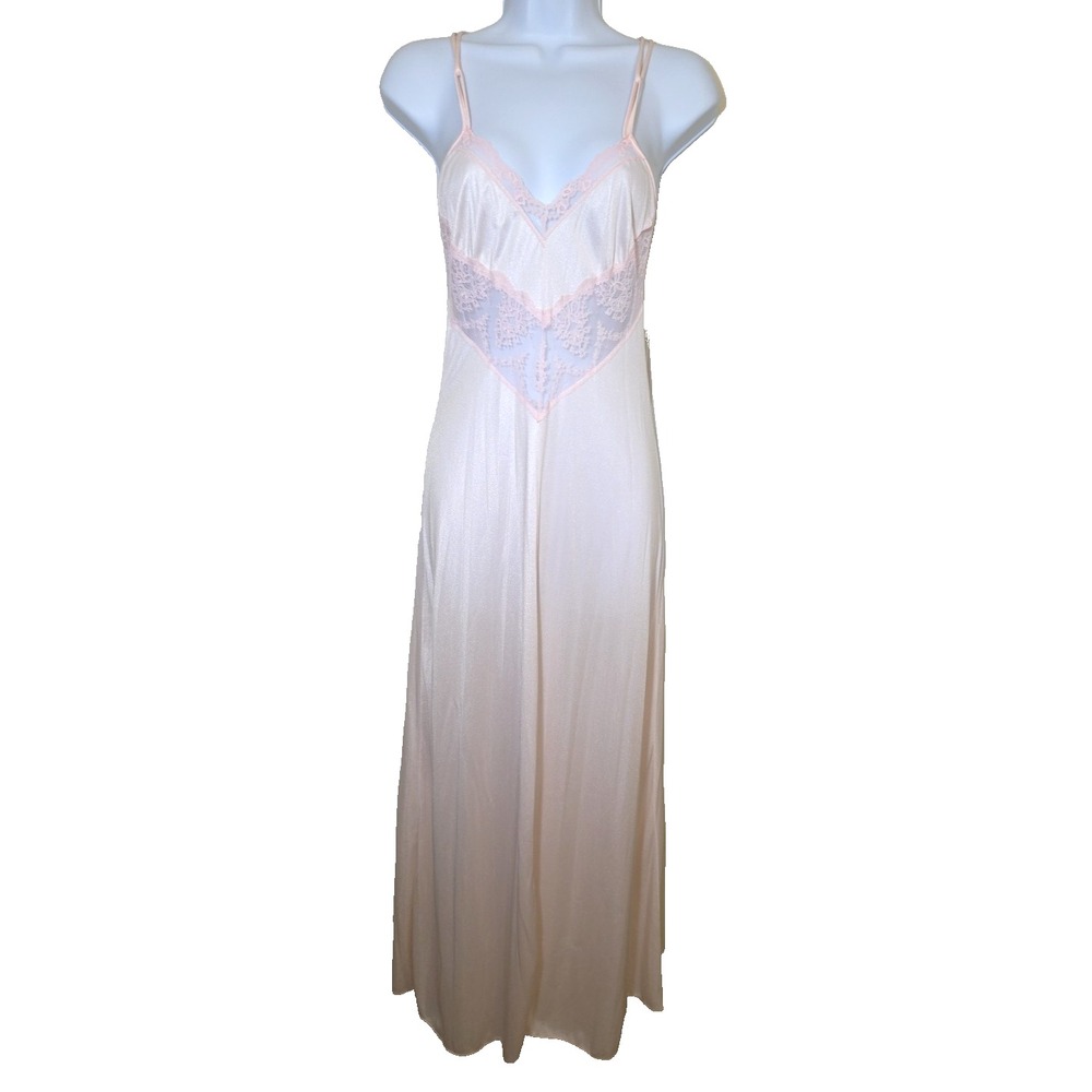 Vtg J.C Penney Nightgown Long Slip Dress‎ Nylon Lace Pink Union 1970s XS